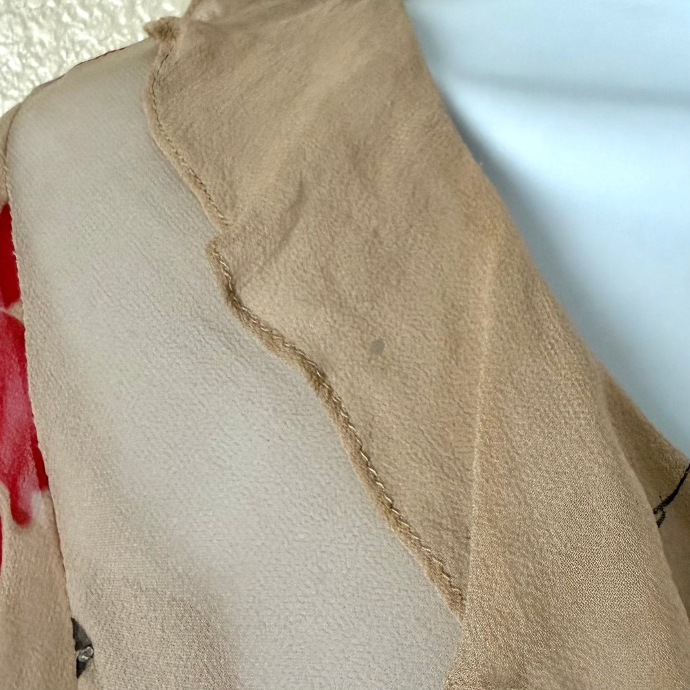 Y2K Euro Floral Beaded 100% Silk Ruffle Sheer Top Vision Apparel Tan Red Medium - Picture 10 of 11